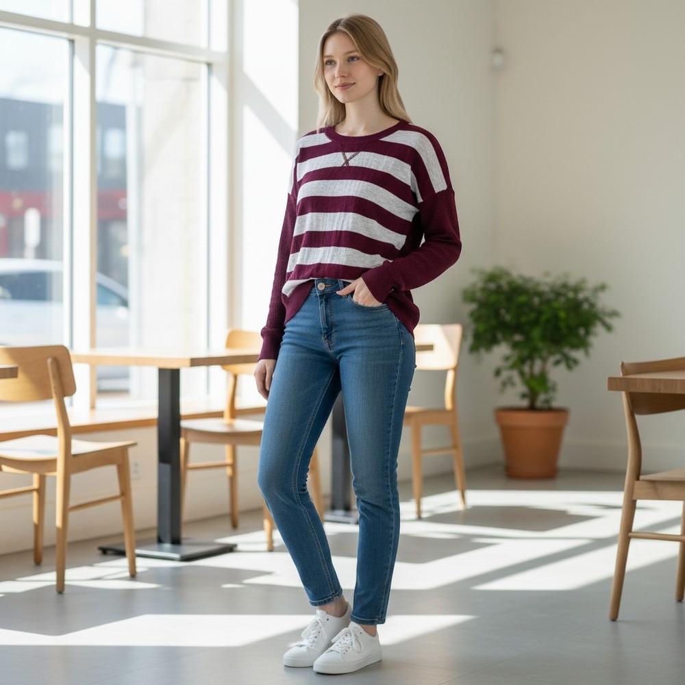 SO Heritage Womens Small Burgundy Gray Striped Waffle Knit Long Sleeve Sweater